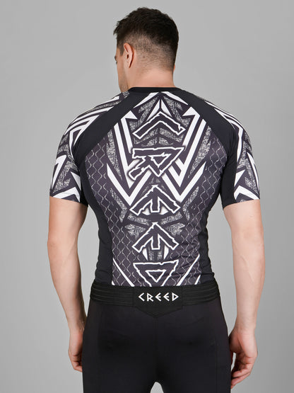 Creed Men's Short Sleeve Compression Top - Tribal Warrior Design (Rash Guard)